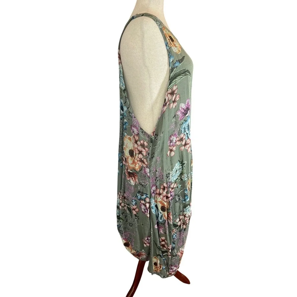Summer Dress Sleeveless Floral Print Midi Green Handkerchief hem Fairy - Picture 2 of 3